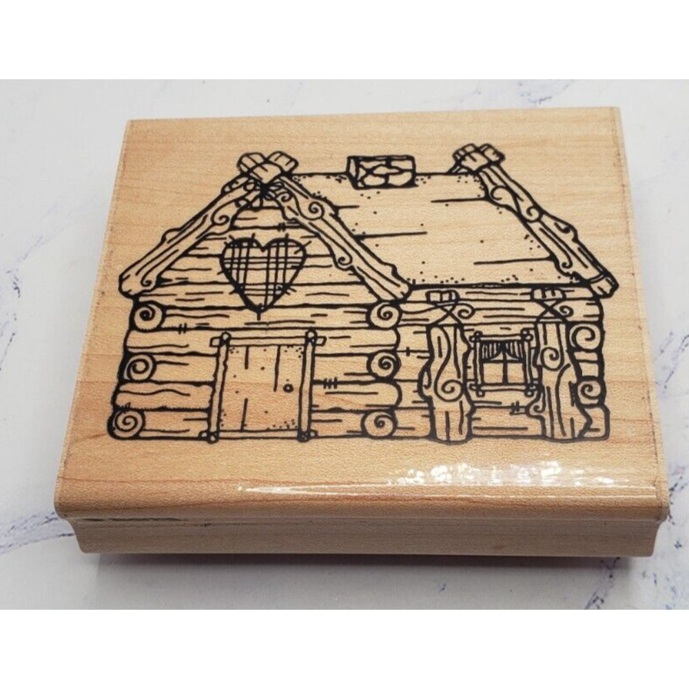 Log Cabin Heart House Home Dots Q201 Big Bear Cabin Wood Mounted Rubber Stamp